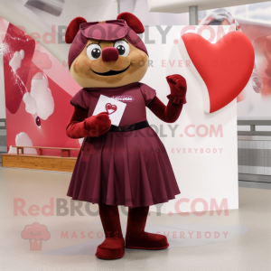 Maroon Love Letter mascot costume character dressed with a Empire Waist Dress and Foot pads