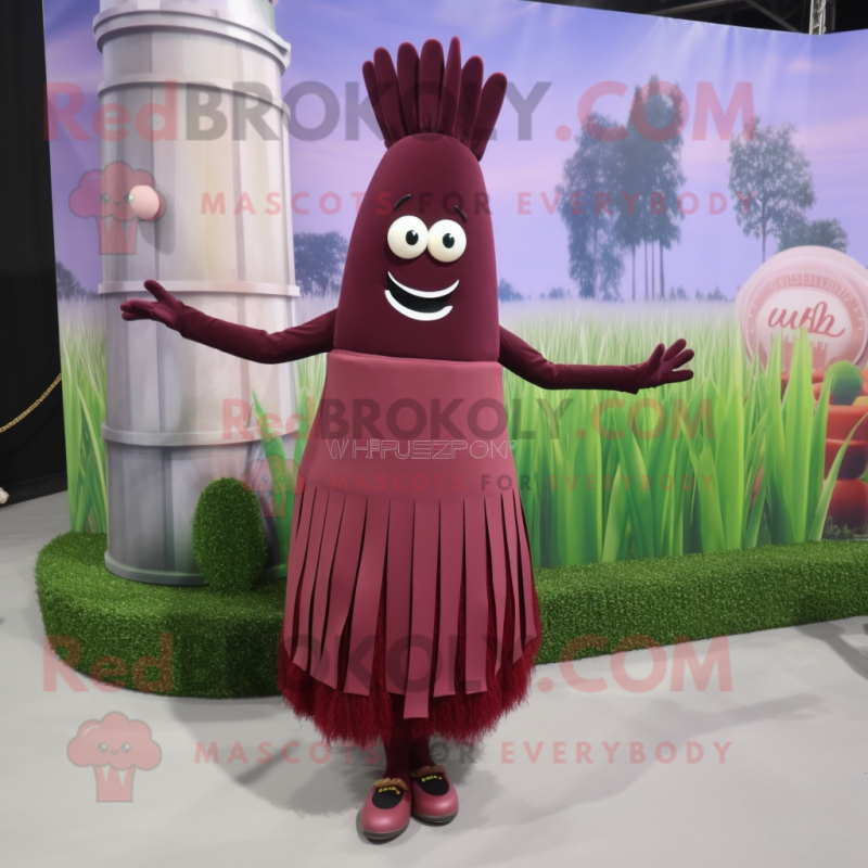 Maroon Asparagus mascot costume character dressed with a Circle Skirt and Shoe clips