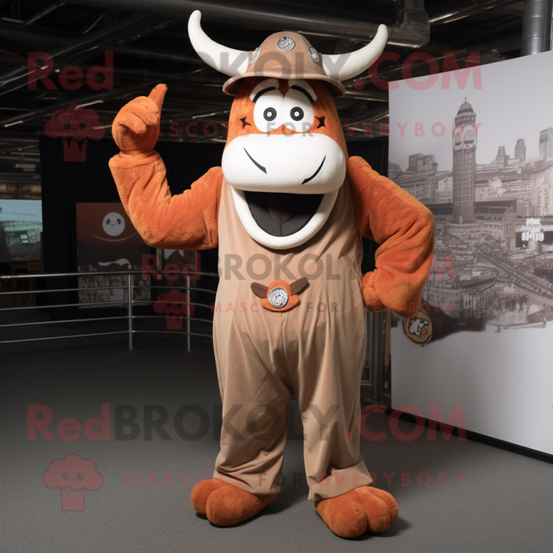 Rust Beef Stroganoff mascot costume character dressed with a Jumpsuit and Suspenders