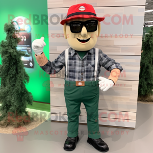 Forest Green Fire Fighter mascot costume character dressed with a Flannel Shirt and Sunglasses