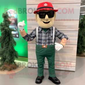 Forest Green Fire Fighter mascot costume character dressed with a Flannel Shirt and Sunglasses