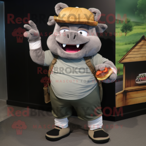 Gray Pulled Pork Sandwich mascot costume character dressed with a Cargo Pants and Headbands