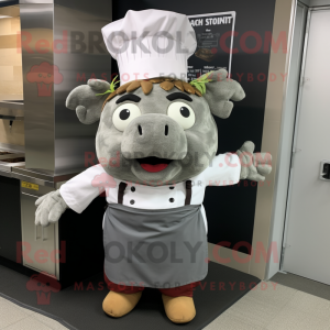 Gray Pulled Pork Sandwich mascot costume character dressed with a Cargo Pants and Headbands