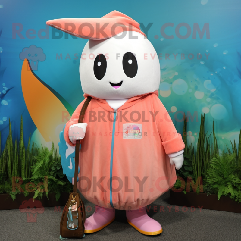 Peach Narwhal mascot costume character dressed with a Parka and Necklaces