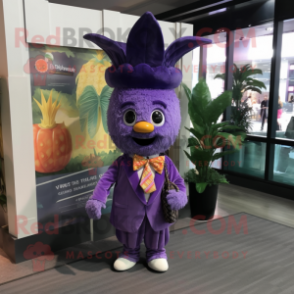 Purple Pineapple mascot costume character dressed with a Skirt and Pocket squares