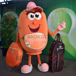 Peach Tennis Racket mascot costume character dressed with a Rash Guard and Tote bags