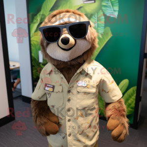 Tan Sloth mascot costume character dressed with a Blouse and Sunglasses