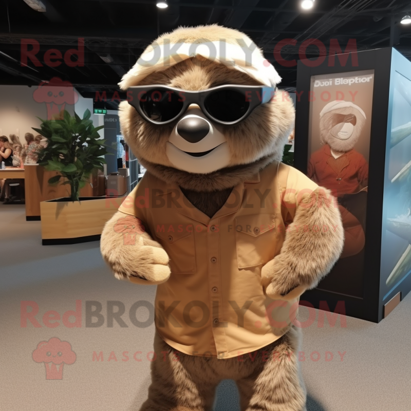 Tan Sloth mascot costume character dressed with a Blouse and Sunglasses