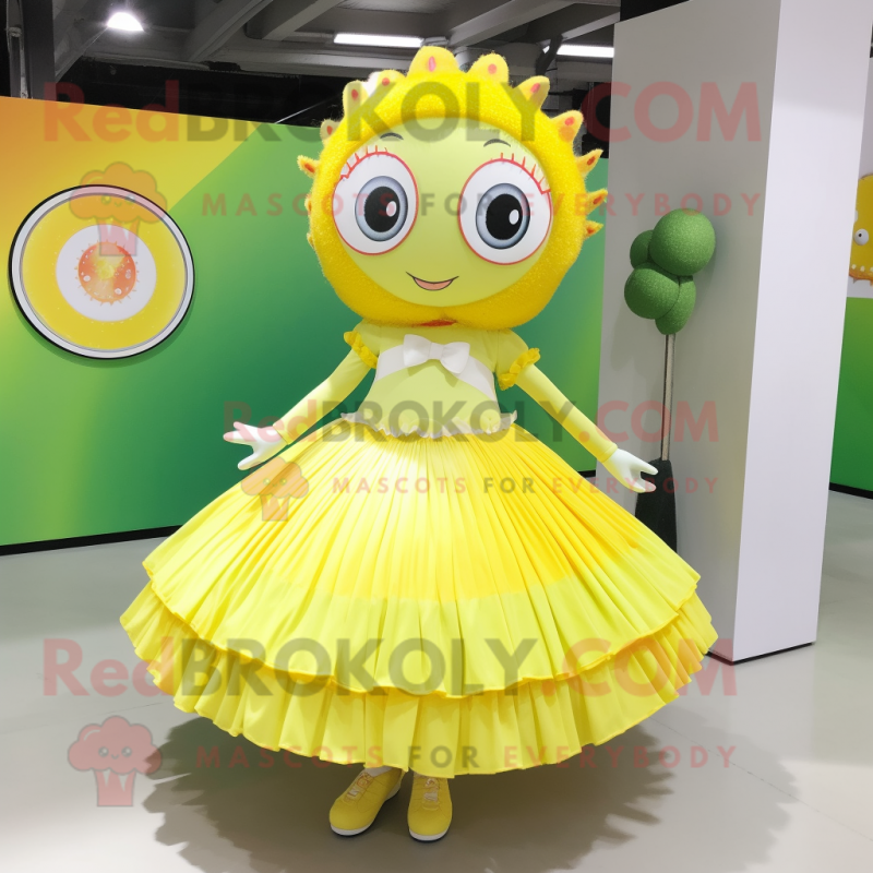 Lemon Yellow Rainbow mascot costume character dressed with a Circle Skirt and Hairpins