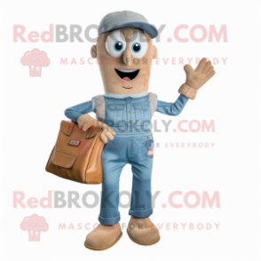 Tan Aglet mascot costume character dressed with a Denim Shirt and Clutch bags