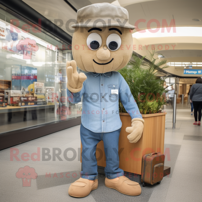 Tan Aglet mascot costume character dressed with a Denim Shirt and Clutch bags