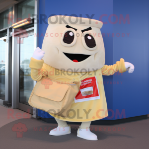 Cream Lasagna mascot costume character dressed with a Flare Jeans and Messenger bags