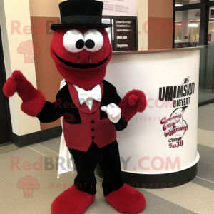 Maroon Shrimp Scampi mascot costume character dressed with a Tuxedo and Bracelet watches