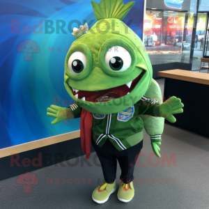 Green Fish Tacos mascot costume character dressed with a Bomber Jacket and Tie pins