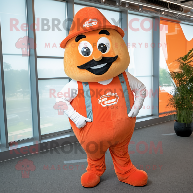 Orange Steak mascot costume character dressed with a Overalls and Tie pins