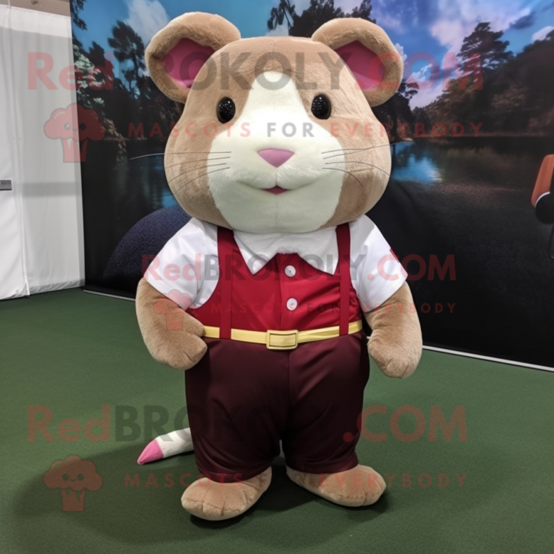 Maroon Hamster mascot costume character dressed with a Cargo Shorts and Bow ties