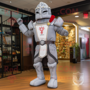 Gray Medieval Knight mascot costume character dressed with a Joggers and Messenger bags
