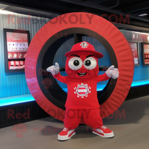 Red Plate Spinner mascot costume character dressed with a T-Shirt and Bracelets
