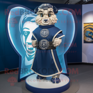Navy Celtic Shield mascot costume character dressed with a A-Line Dress and Wraps