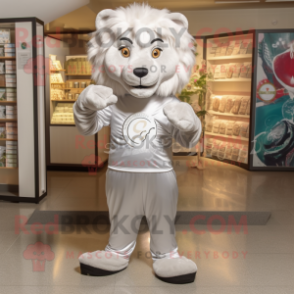 Silver Tamer Lion mascot costume character dressed with a Joggers and Coin purses