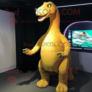 Gold Brachiosaurus mascot costume character dressed with a Bodysuit and Brooches