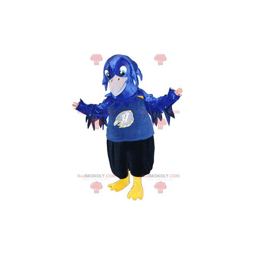 Mascot blauw zwart en geel vogel. Raven mascotte -