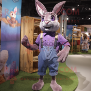 Purple Wild Rabbit mascot costume character dressed with a Denim Shorts and Suspenders