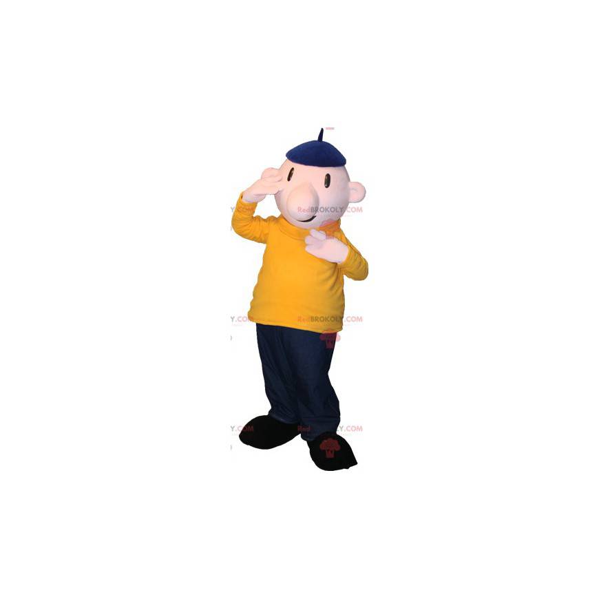 Kale man mascotte met een baret en een kleurrijke outfit -