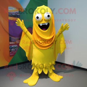 Yellow Ceviche mascot costume character dressed with a Long Sleeve Tee and Scarf clips