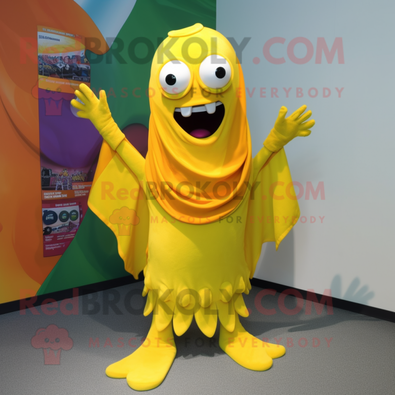 Yellow Ceviche mascot costume character dressed with a Long Sleeve Tee and Scarf clips