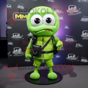 Lime Green Miso Soup mascot costume character dressed with a Biker Jacket and Backpacks