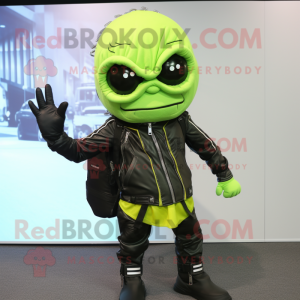 Lime Green Miso Soup mascot costume character dressed with a Biker Jacket and Backpacks