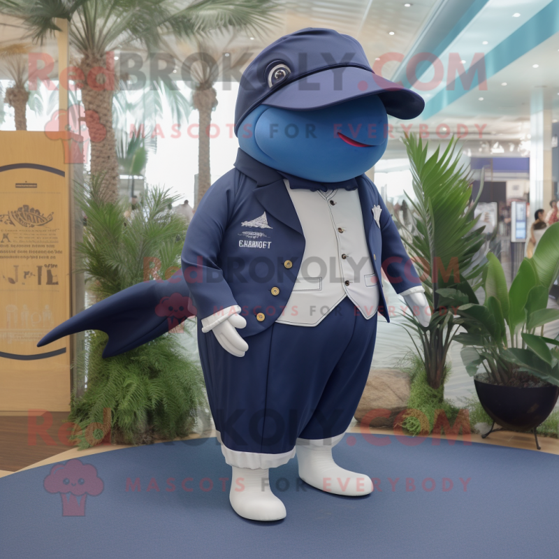 Navy Blue Whale mascot costume character dressed with a Bermuda Shorts and Brooches