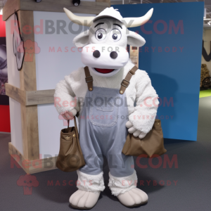 Silver Beef Stroganoff mascot costume character dressed with a Dungarees and Tote bags