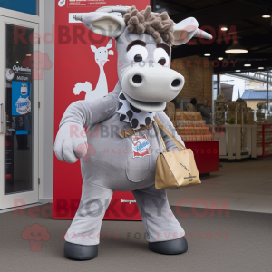 Silver Beef Stroganoff mascot costume character dressed with a Dungarees and Tote bags