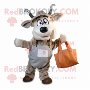 Silver Beef Stroganoff mascot costume character dressed with a Dungarees and Tote bags