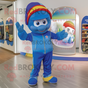 Blue Rainbow mascot costume character dressed with a Playsuit and Caps