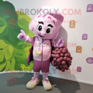 Pink Grape mascot costume character dressed with a Waistcoat and Messenger bags