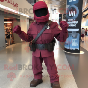 Maroon Gi Joe mascot costume character dressed with a Boyfriend Jeans and Messenger bags