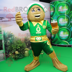 Gold Green Beer mascot costume character dressed with a Bikini and Anklets