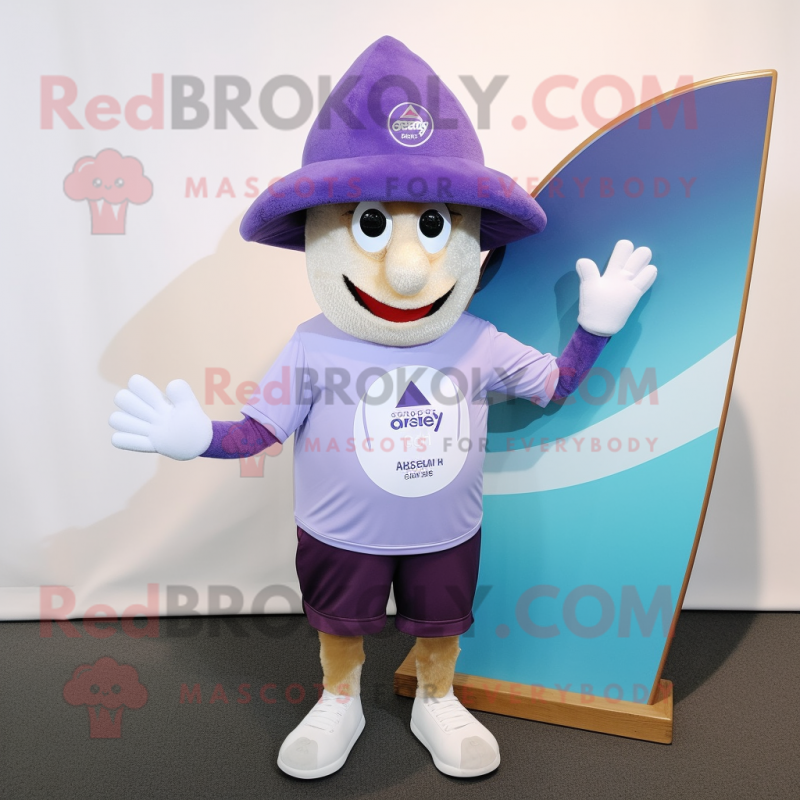 Lavender Momentum mascot costume character dressed with a Board Shorts and Berets