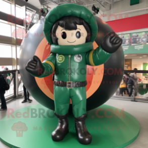 Forest Green Human Cannon Ball mascot costume character dressed with a Bomber Jacket and Rings