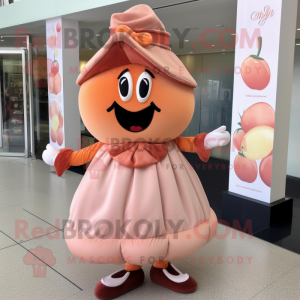 Peach Chocolates mascot costume character dressed with a A-Line Skirt and Shoe clips