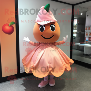 Peach Chocolates mascot costume character dressed with a A-Line Skirt and Shoe clips
