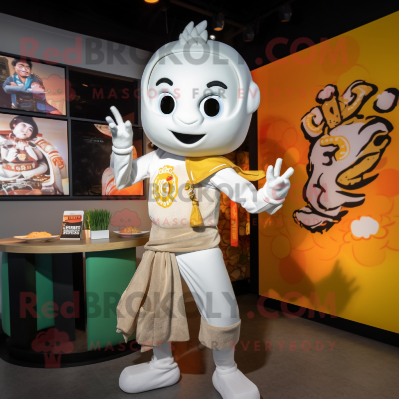 White Pad Thai mascot costume character dressed with a Graphic Tee and Watches