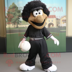 Black Falafel mascot costume character dressed with a Baseball Tee and Shoe clips