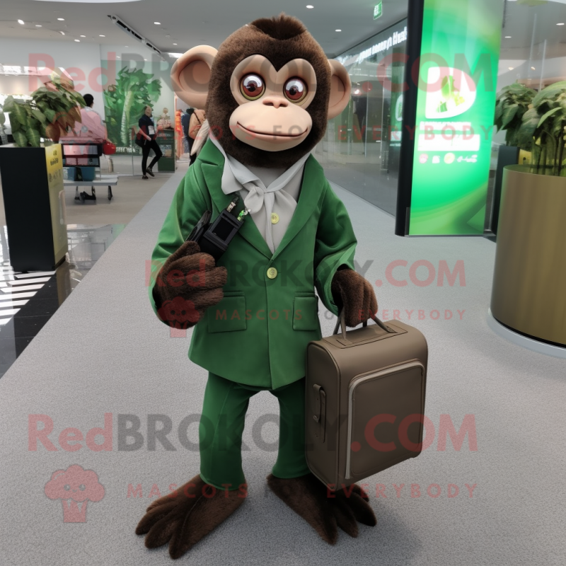 Personaje de disfraz de mascota de mono capuchino verde oliva vestido con  una chaqueta de traje y monederos