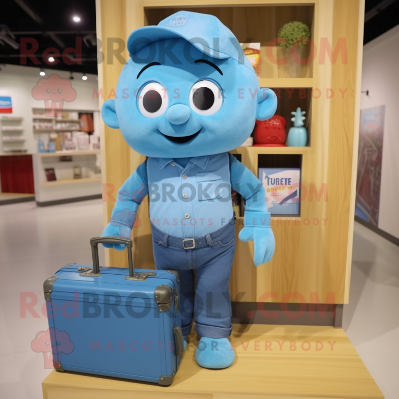 Sky Blue Love Letter mascot costume character dressed with a Mom Jeans and Briefcases