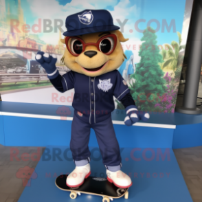 Navy Skateboard mascot costume character dressed with a Jeggings and Earrings