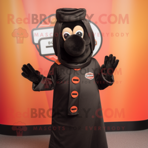 Black Currywurst mascot costume character dressed with a Bomber Jacket and Shawls
